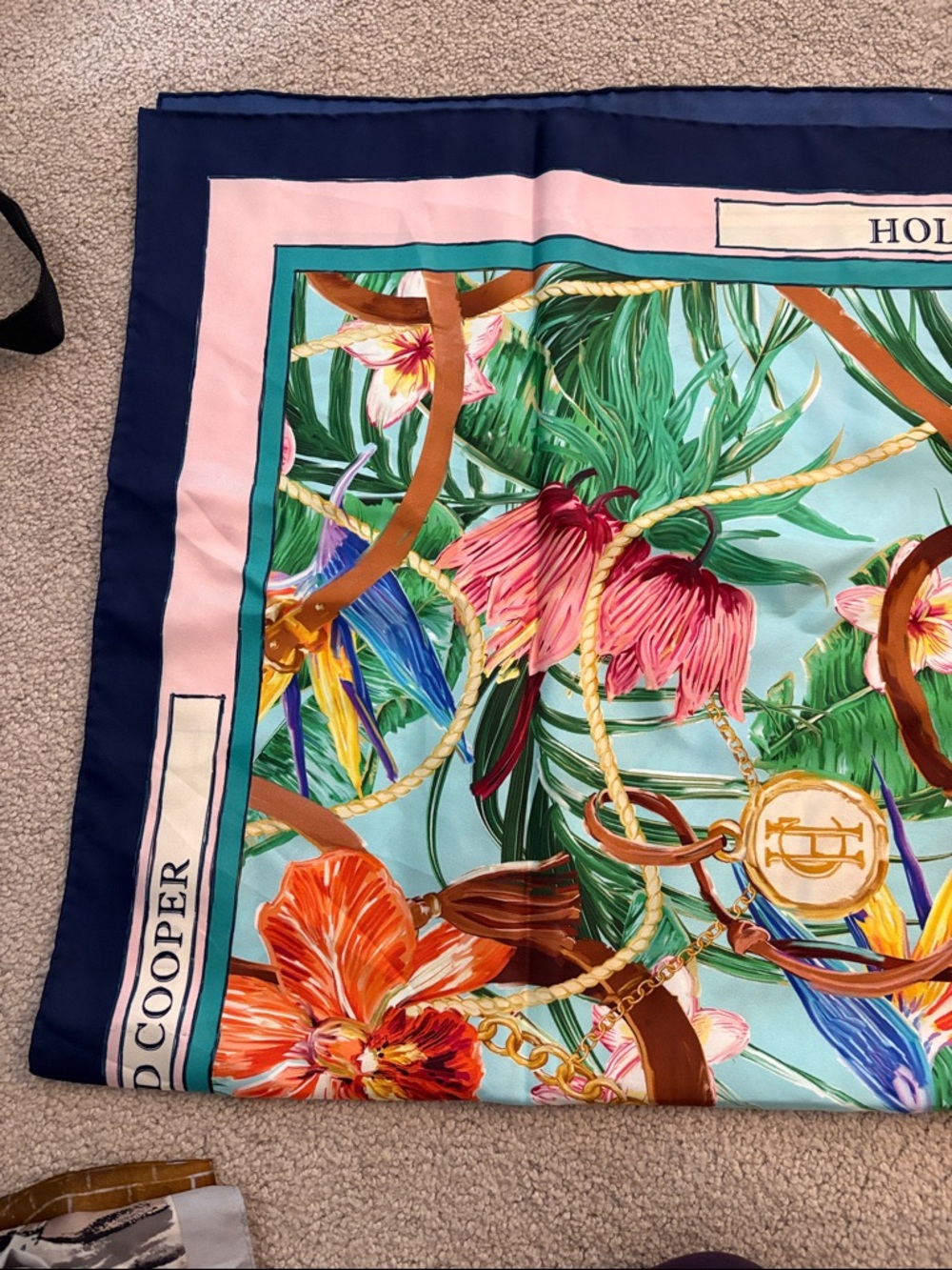 Holland Cooper Tropical Floral Silk Scarf in Aqua & Pink - Picture 5 of 6